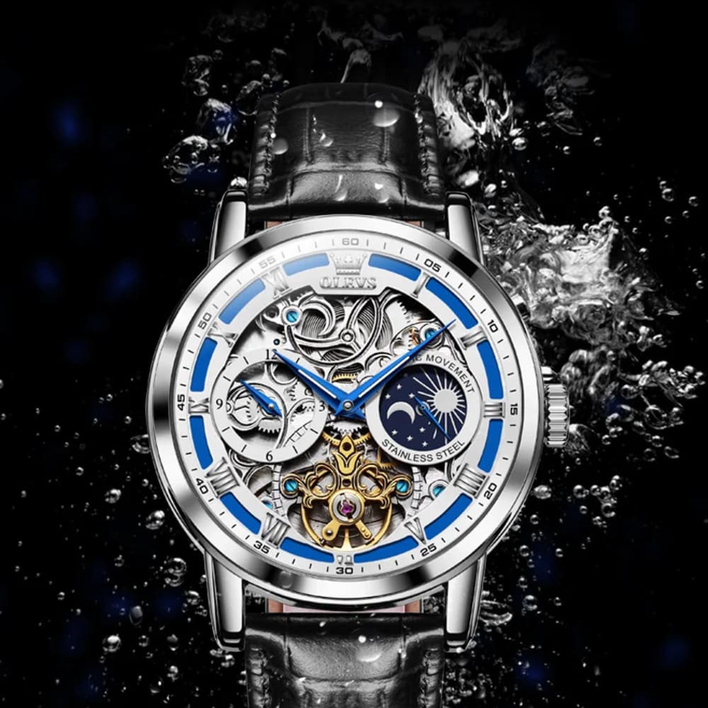 OLEVS Men Moon Phase Skeleton Mechanical Watch